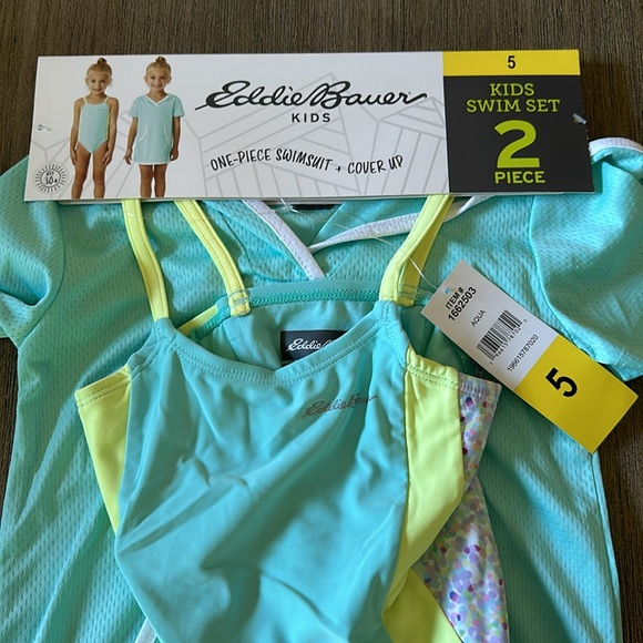 Eddie Bauer Kids One-Piece Turquoise /White/ Yellow Swimsuit Plus Cover Up Nwt - Picture 7 of 8